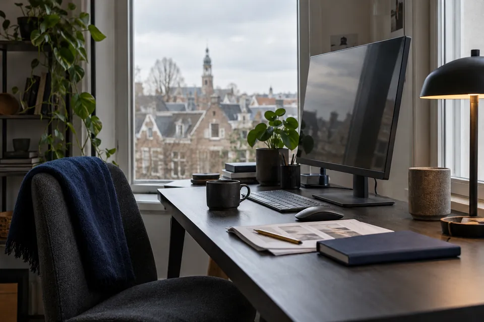 Monitor, notitieboek en bureaulamp op een rustige werkplek bij het raam.