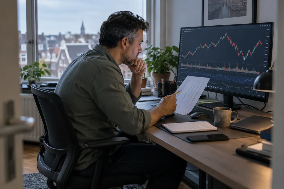 Persoon vergelijkt een marktgrafiek op een monitor met notities op een rustige thuiswerkplek.