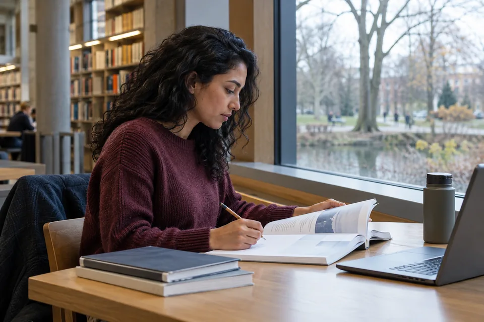 Persoon leest een beginnerswerkboek bij een bibliotheekraam.