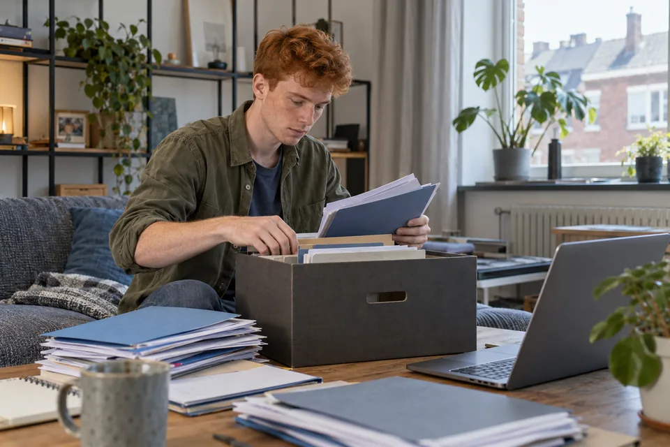 Persoon verzamelt administratiemappen in een archiefdoos.