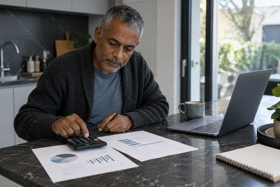 Persoon vergelijkt twee rekenvoorbeelden met een calculator op een werkblad.