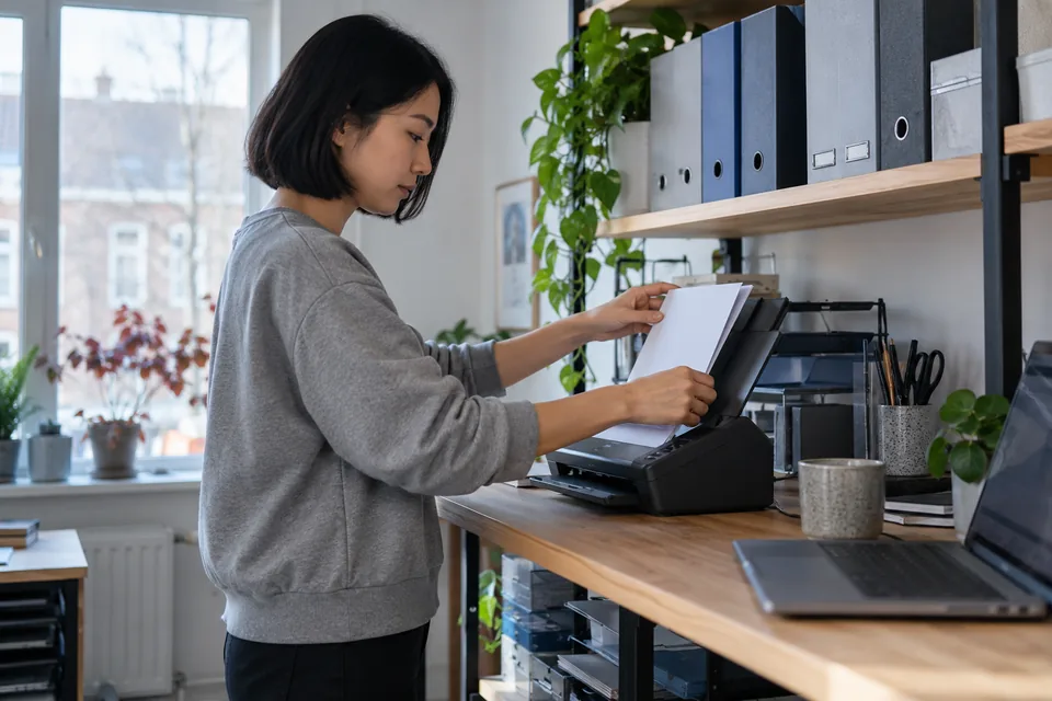 Persoon legt documenten in de invoer van een compacte scanner.