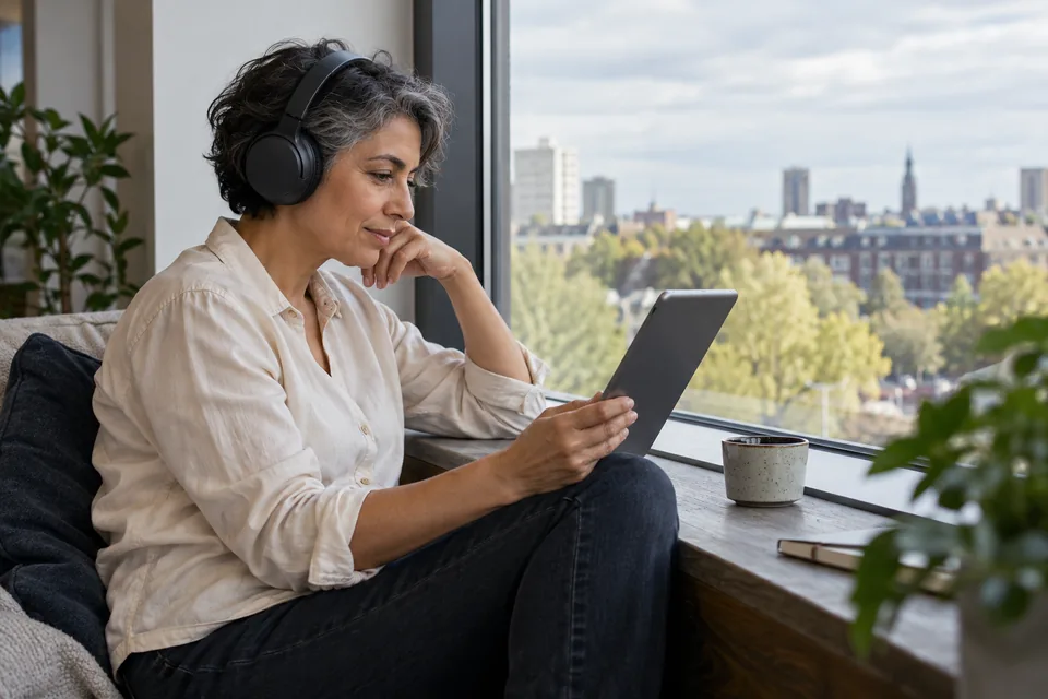 Persoon luistert met een hoofdtelefoon en bekijkt informatie op een tablet.