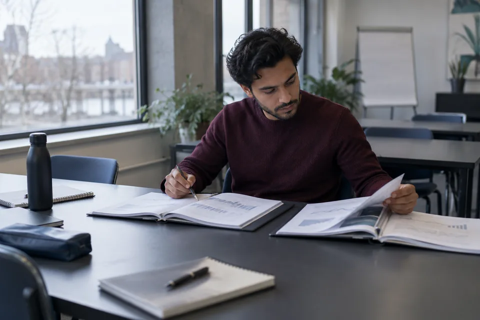 Persoon vergelijkt twee marktwerkboeken in een rustige studieruimte.