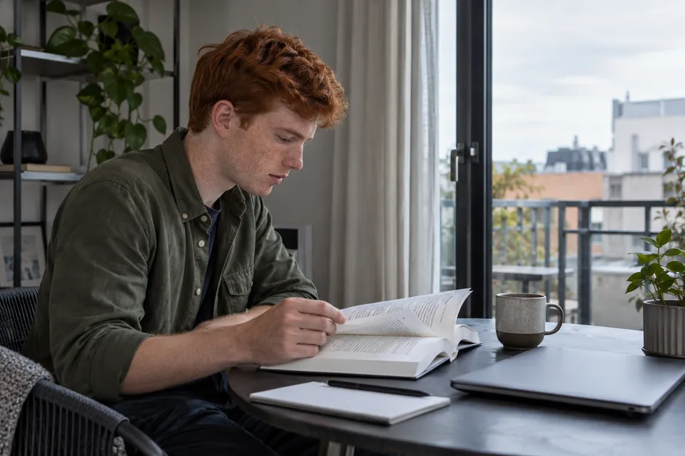 Persoon bladert door een boek met een gesloten laptop ernaast.