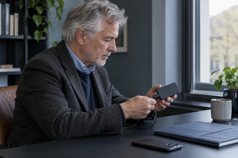 Persoon controleert een klein hardwareapparaat naast een telefoon en documentmap.