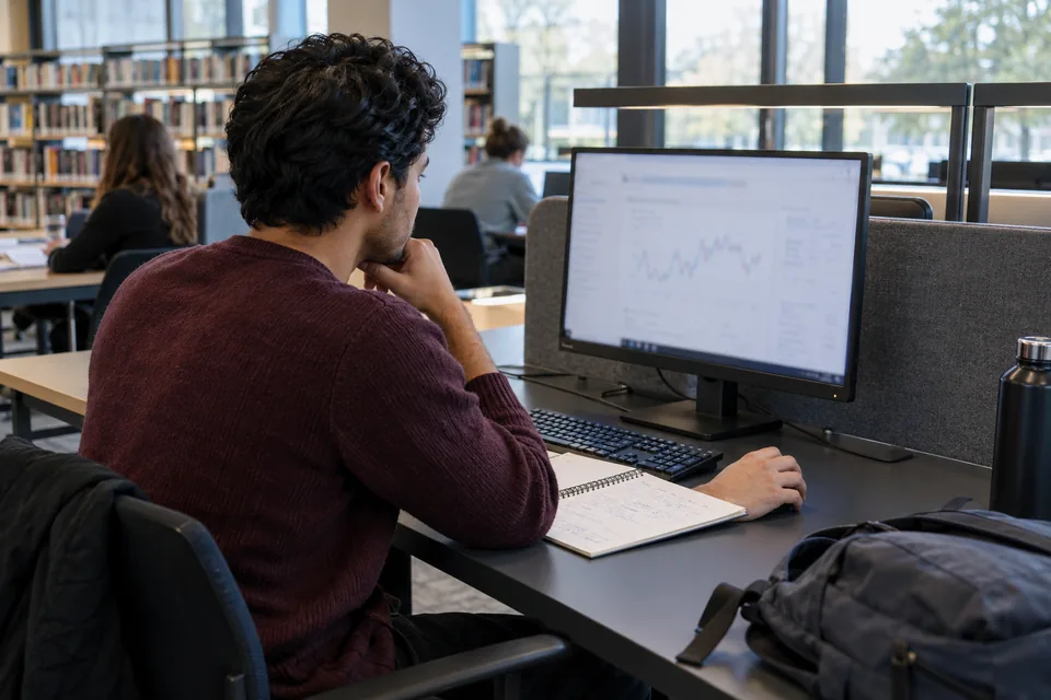 Persoon bekijkt een grafiek aan een gedeelde computer in een bibliotheek.