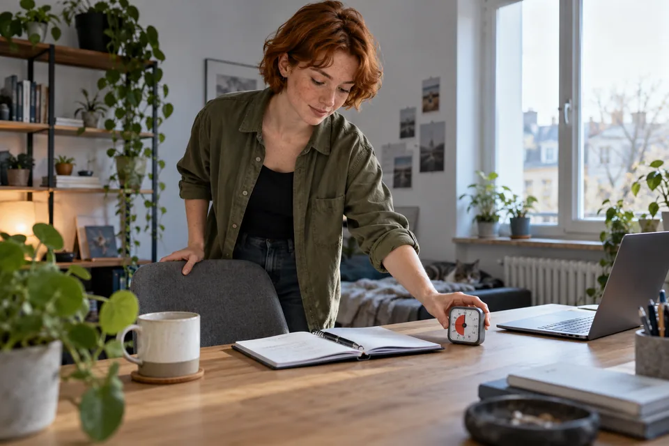 Persoon zet een timer naast haar planner voor een werksessie.
