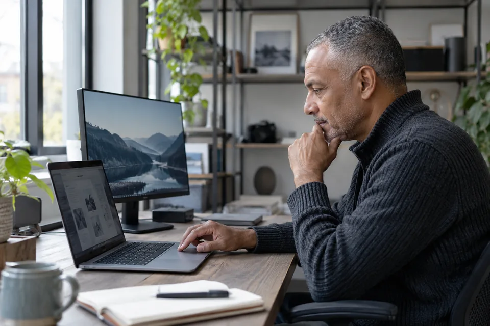 Persoon gebruikt het trackpad van een laptop met een extern scherm ernaast.