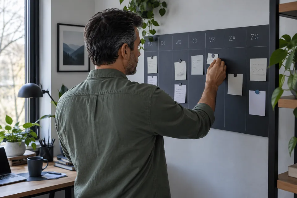 Persoon hangt een herinneringskaart aan een weekplanning.
