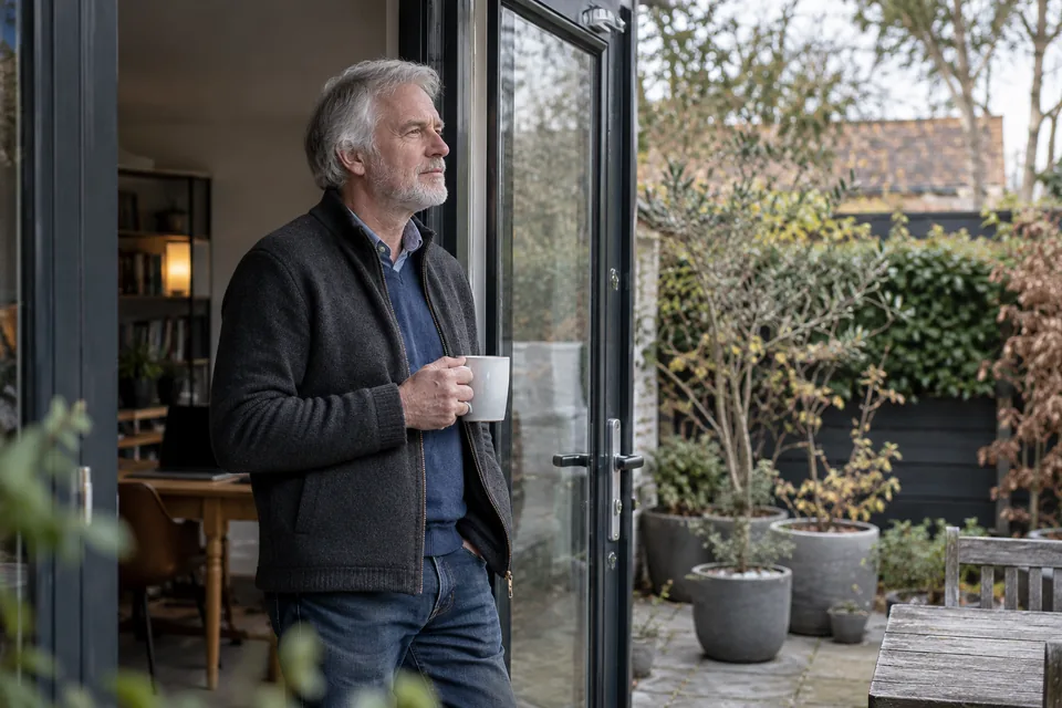 Persoon neemt een rustig pauzemoment bij een open achterdeur.