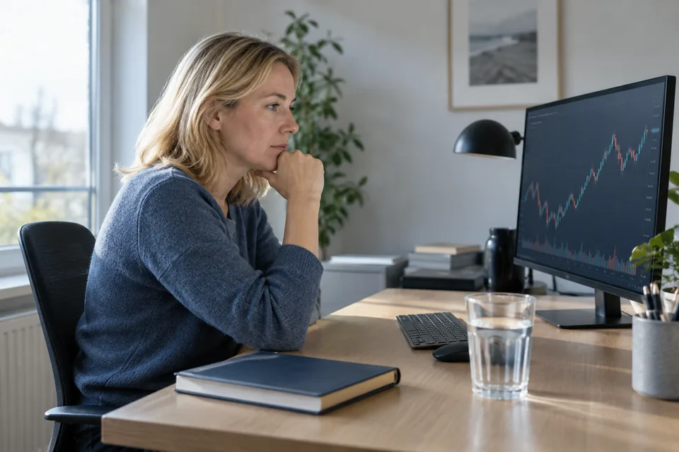 Persoon bekijkt een marktgrafiek op één monitor aan een smal bureau.