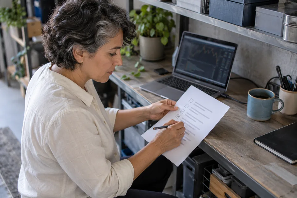 Persoon doorloopt een technische checklist naast een laptop.
