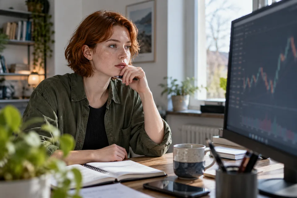 Persoon bestudeert een marktwerkruimte op een monitor in een lichte studeerkamer.