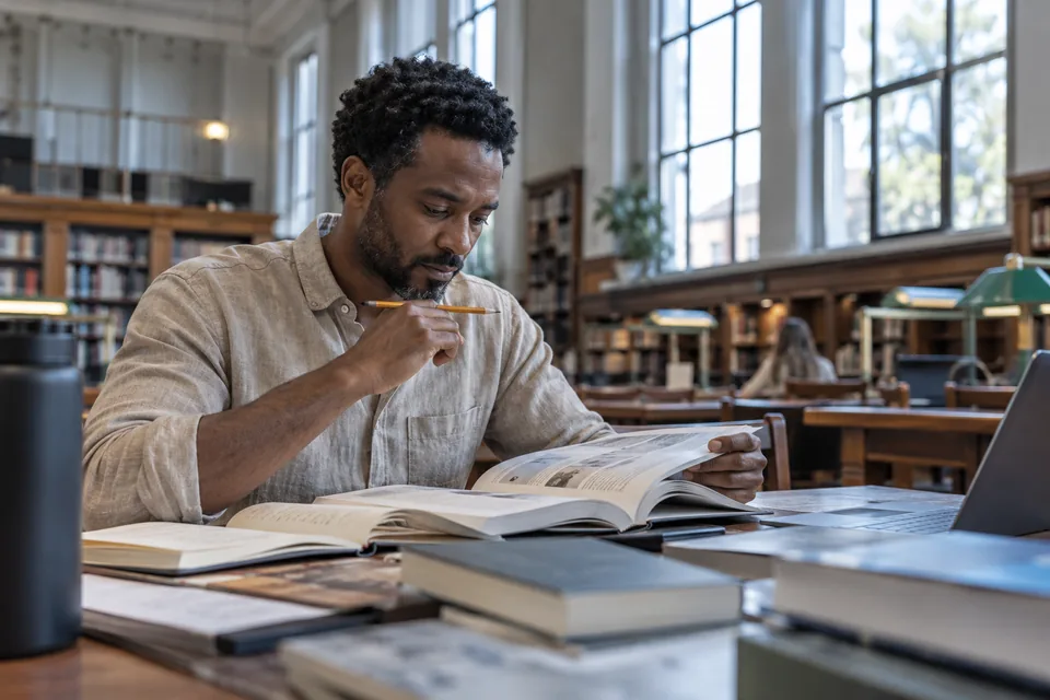 Persoon bestudeert achtergrondinformatie aan een brede bibliotheektafel.