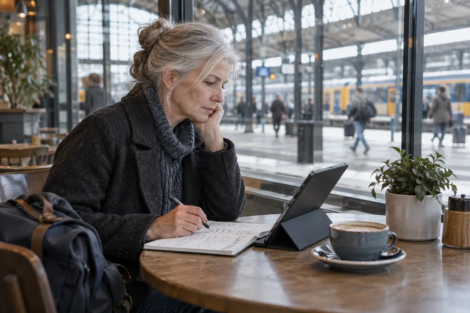 Persoon bekijkt marktinformatie op een tablet met notities ernaast.
