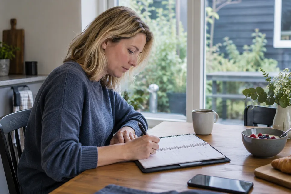 Persoon bekijkt een weekplanner in een rustige ontbijthoek.