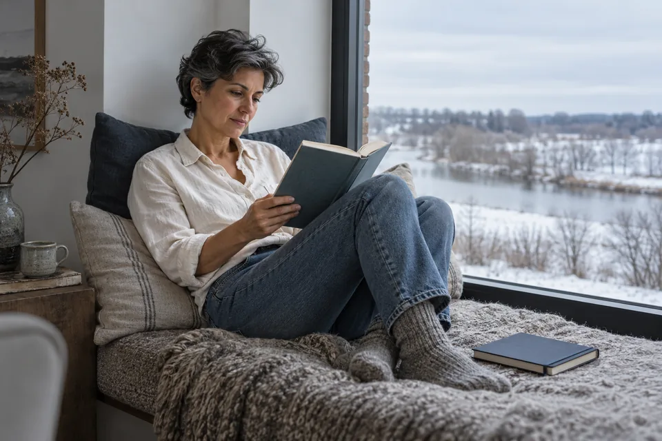 Persoon leest op haar gemak in een brede vensterbank.