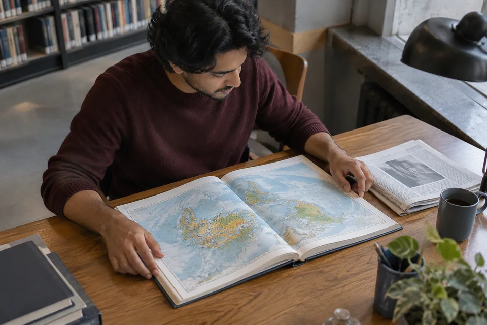 Een atlas en krant liggen open tijdens het lezen van achtergrondinformatie.