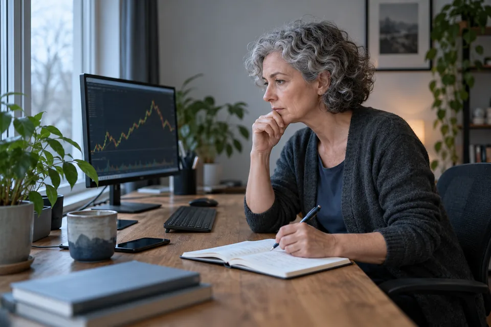 Trader noteert een marktobservatie naast een beeldscherm met een grafiek.