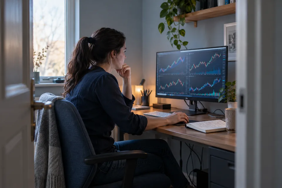 Trader vergelijkt meerdere marktgrafieken aan een compacte werkplek.