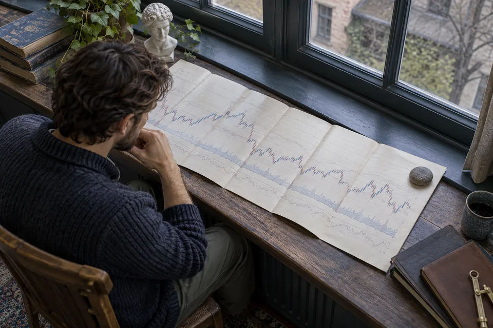 Persoon bekijkt een uitgevouwen oefengrafiek op een vensterbank.