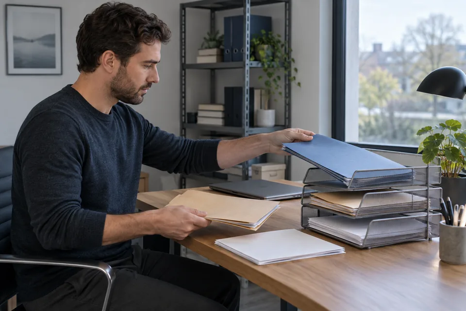 Persoon verdeelt verschillende werkmappen over aparte documentbakken.