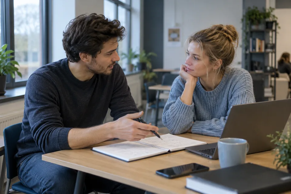 Twee personen bespreken oefennotities aan een kleine tafel.