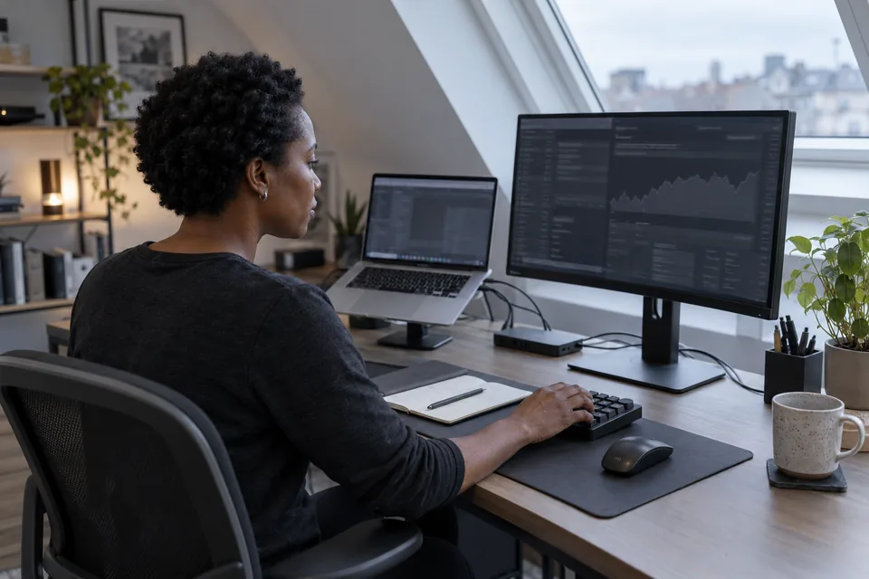 Persoon probeert een compact toetsenblok naast een laptopdock en monitor.