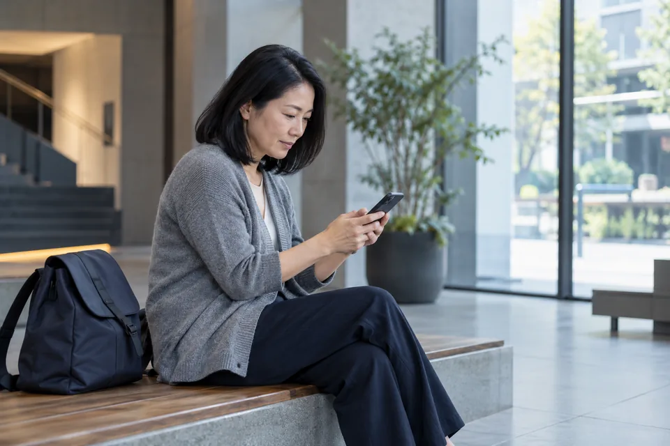 Persoon bekijkt zittend een telefoon op een rustige binnenbank.