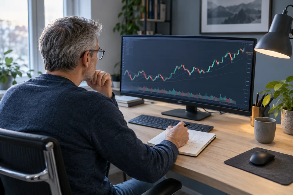 Trader bestudeert een koersgrafiek op een breed scherm aan een bureau.