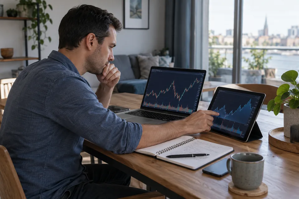 Trader vergelijkt marktgrafieken op een laptop en tablet naast zijn notities.
