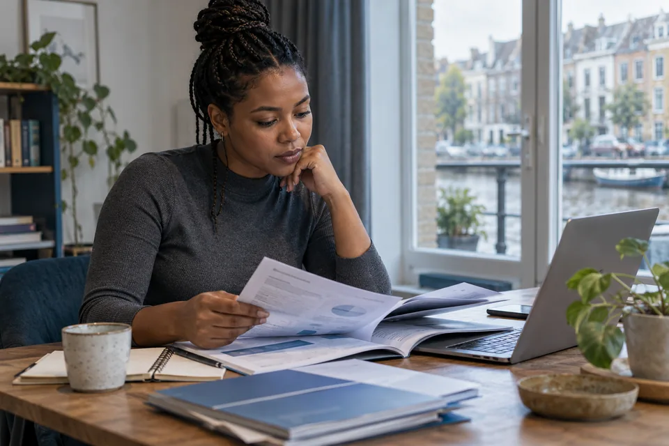 Persoon leest informatiemappen op een rustige werkplek in huis.
