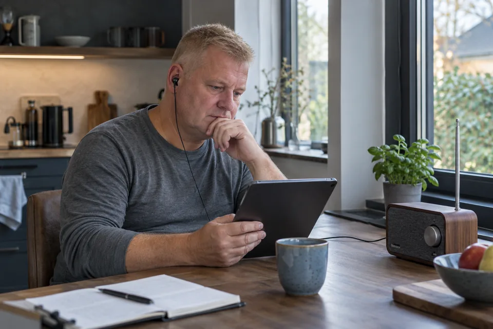 Persoon volgt achtergrondinformatie met een tablet en een oortje.