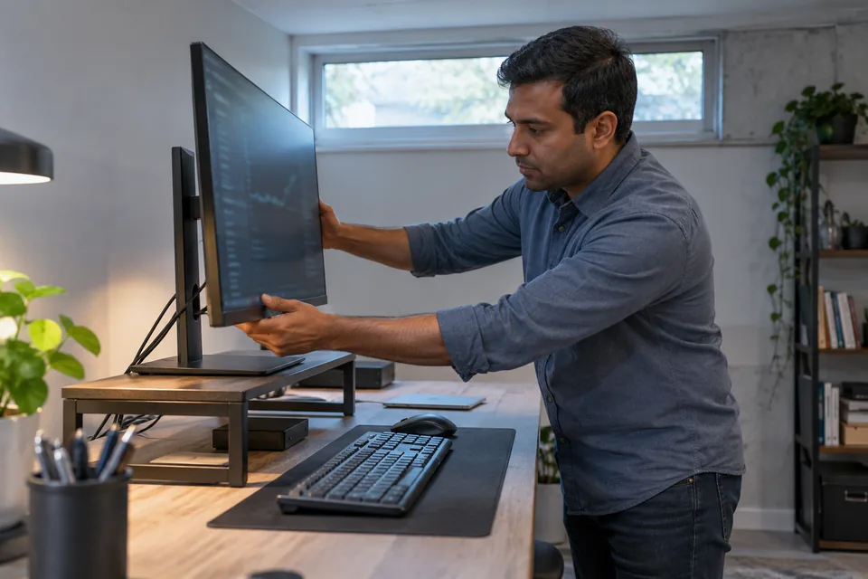Persoon plaatst een monitor op een lage standaard in een compacte werkkamer.