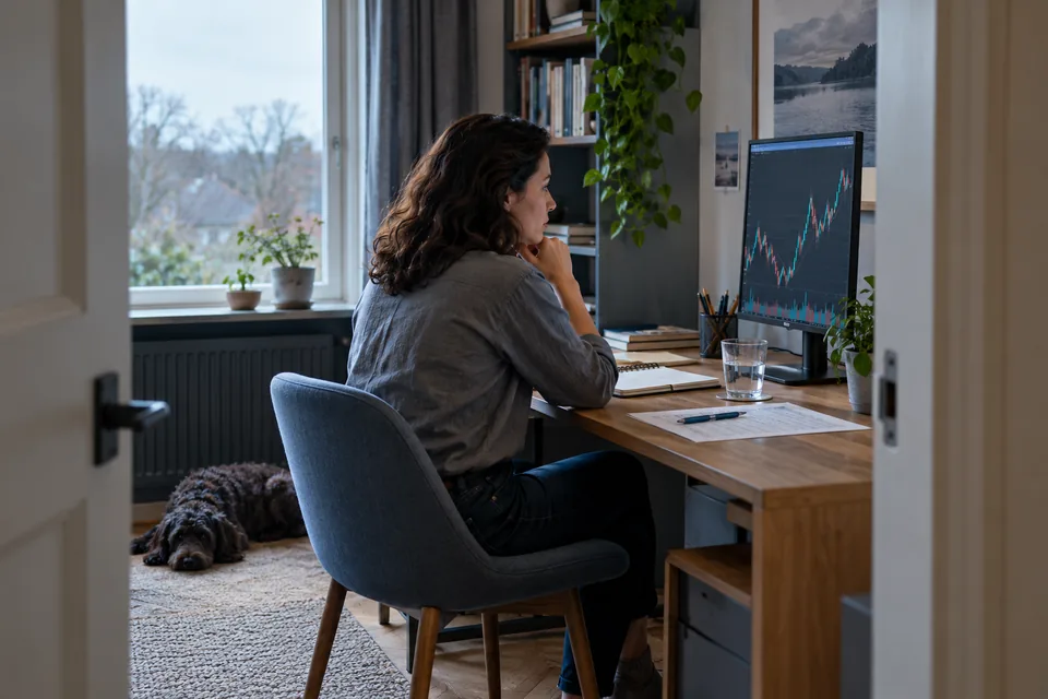Trader bekijkt een marktgrafiek en een economische kalender in haar werkkamer.