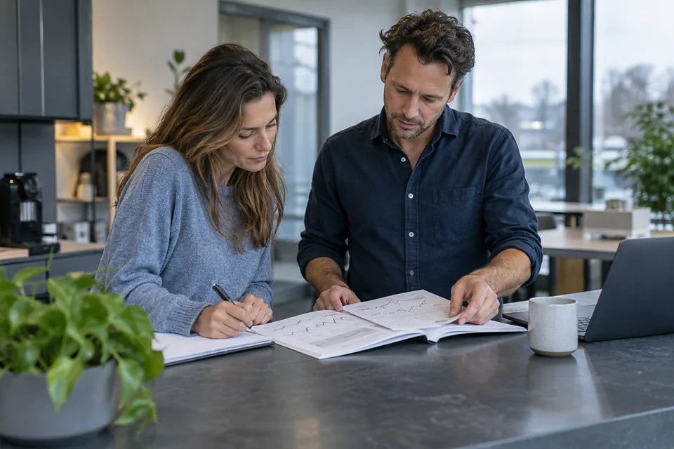 Twee personen bespreken een technisch werkboek op een eenvoudige kantoorplek.