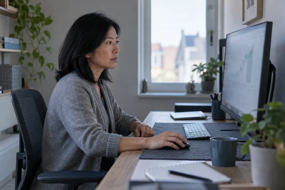 Persoon stelt een computermuis af bij een compacte monitorwerkplek.