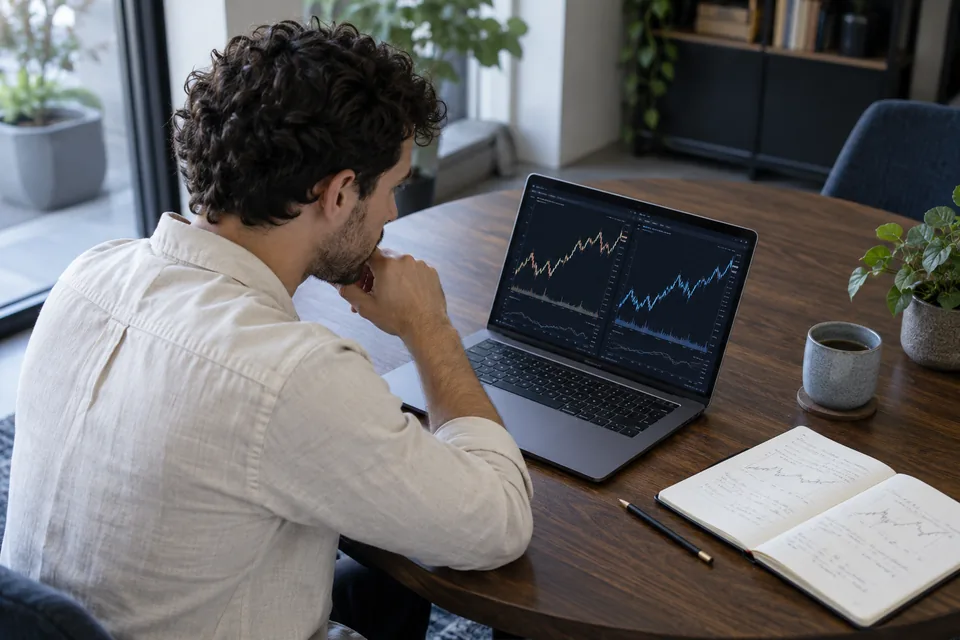 Trader vergelijkt twee koersgrafieken met notities aan een ronde tafel.