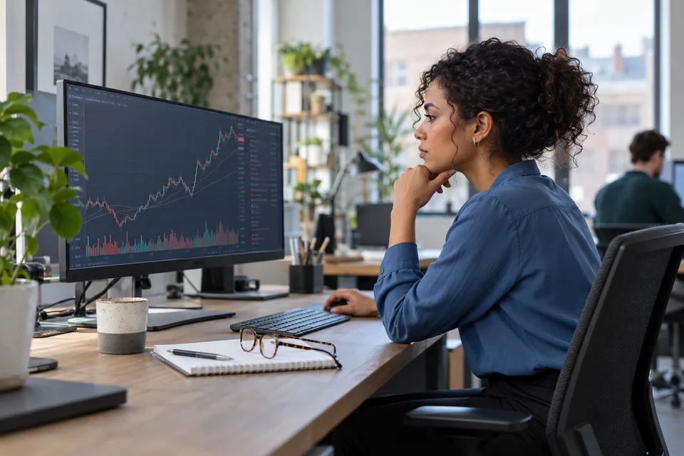 Trader analyseert een indexgrafiek op een monitor in een rustige werkruimte.
