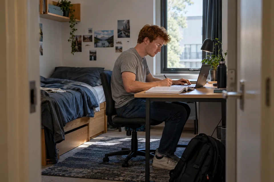 Volwassen student werkt met een laptop en studieboek aan een klein bureau.