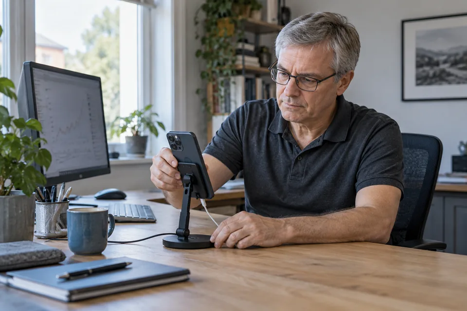 Persoon plaatst een telefoon op een standaard naast een klein beeldscherm.