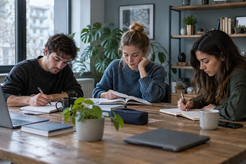 Drie volwassenen werken ieder aan notities aan een gedeelde studietafel.