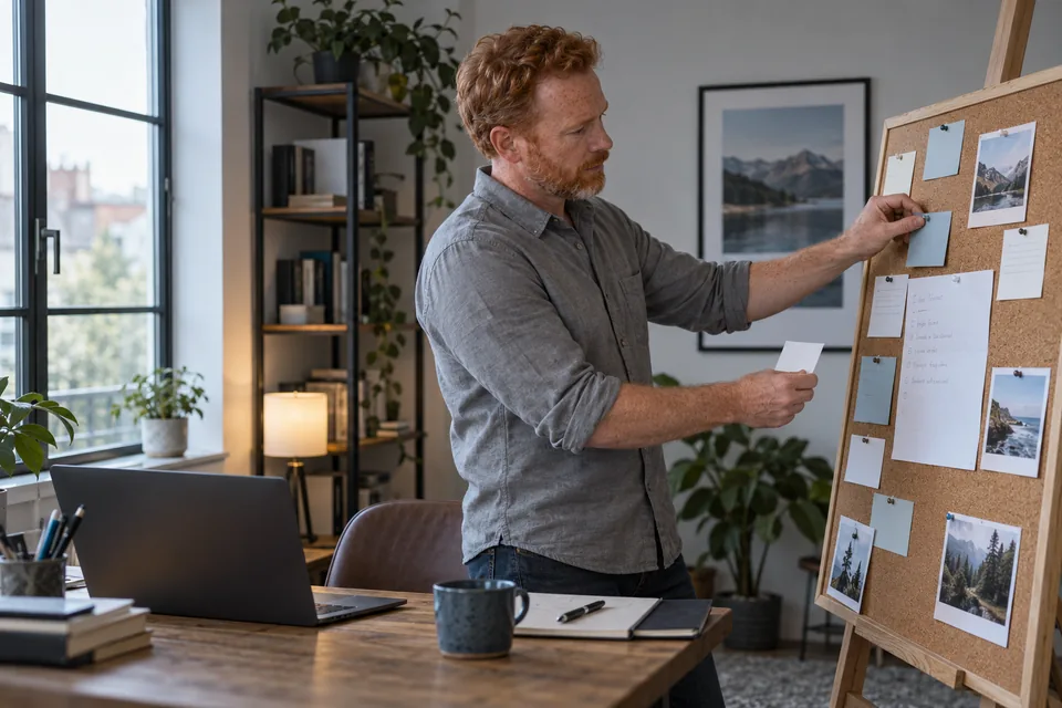 Persoon ordent kaarten op een klein planbord naast het bureau.