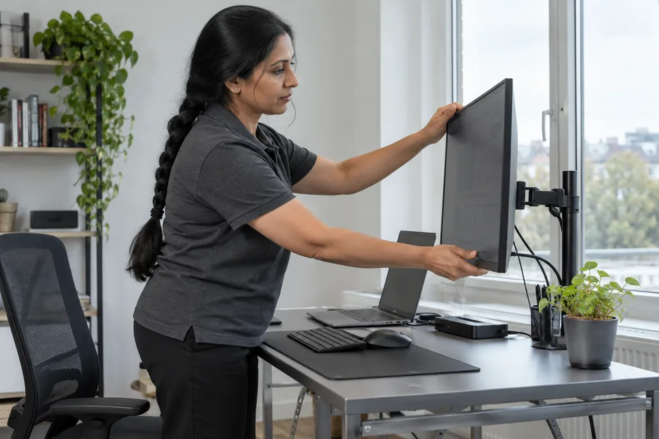 Persoon richt een monitor en laptopdock in op een smal bureau.