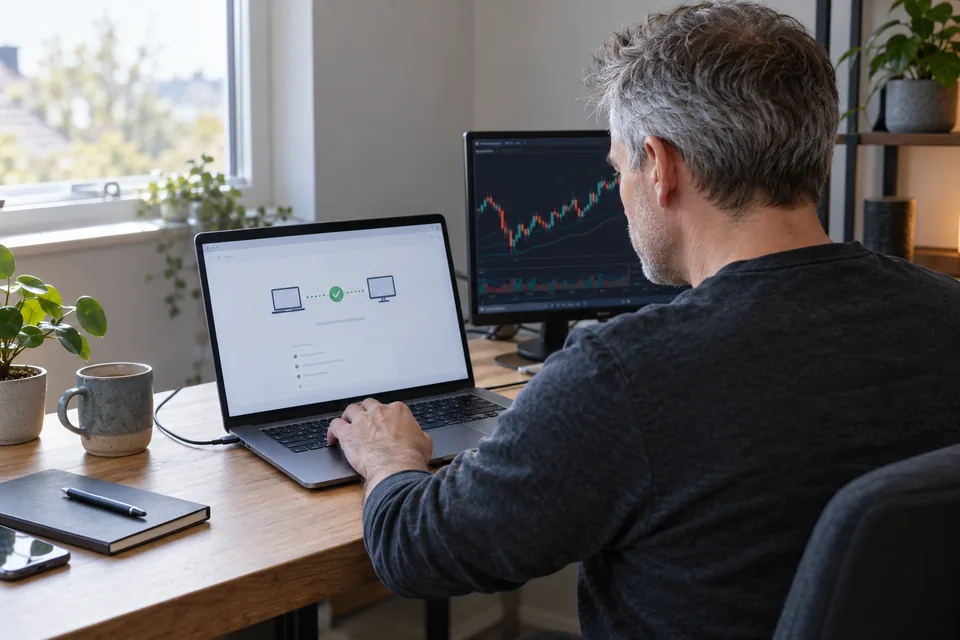 Trader controleert een externe computerverbinding naast een scherm met een koersgrafiek.