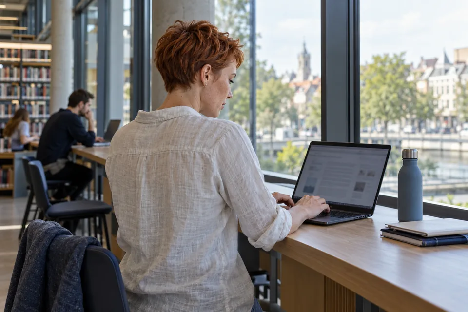 Persoon werkt op een lichte laptop aan een hoge bibliotheektafel.