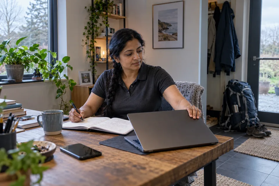 Persoon sluit een laptop naast een open notitieboek, met een wandeltas bij de deur.