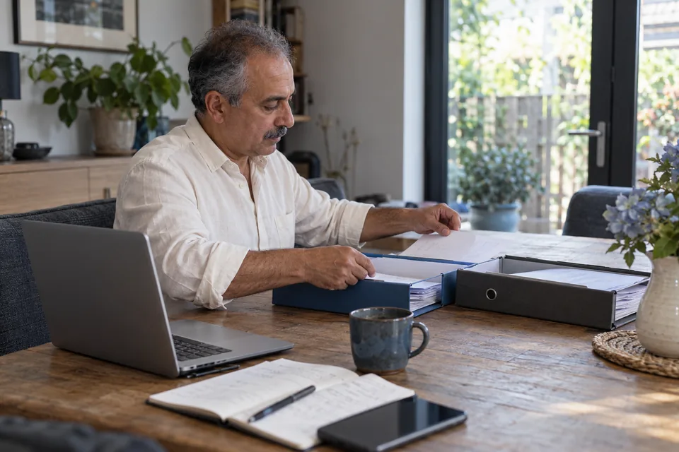 Persoon ordent papieren in twee mappen aan een tafel met een laptop.