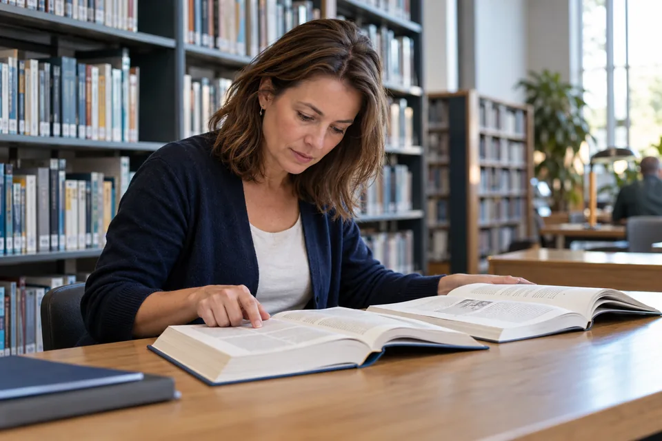 Persoon vergelijkt twee naslagwerken aan een leestafel in een bibliotheek.